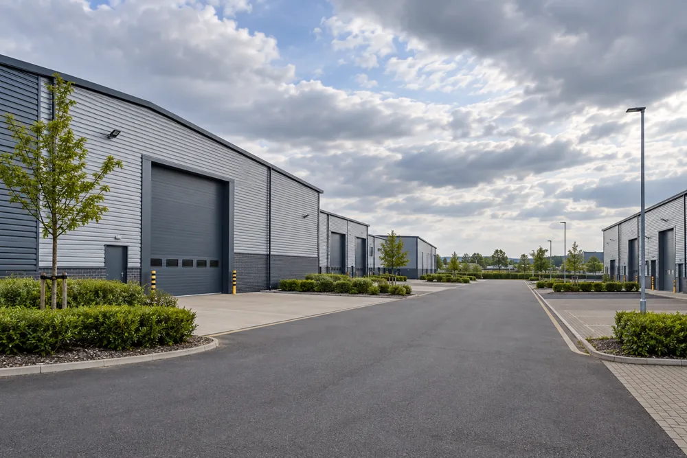 Warehouse buildings and access road in an industrial setting